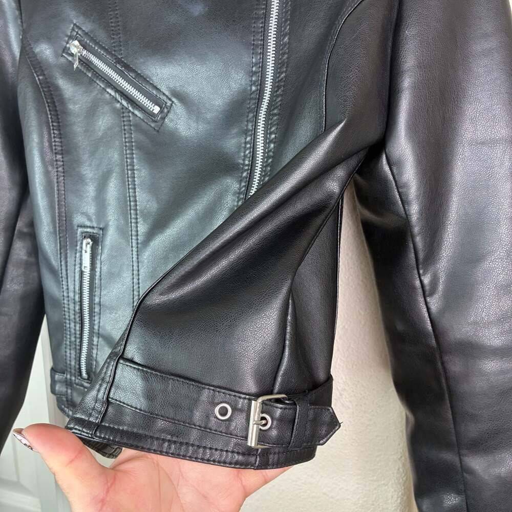 SHEIN Black Faux Leather Cropped Moto Biker Jacket Size Large - Picture 4 of 9